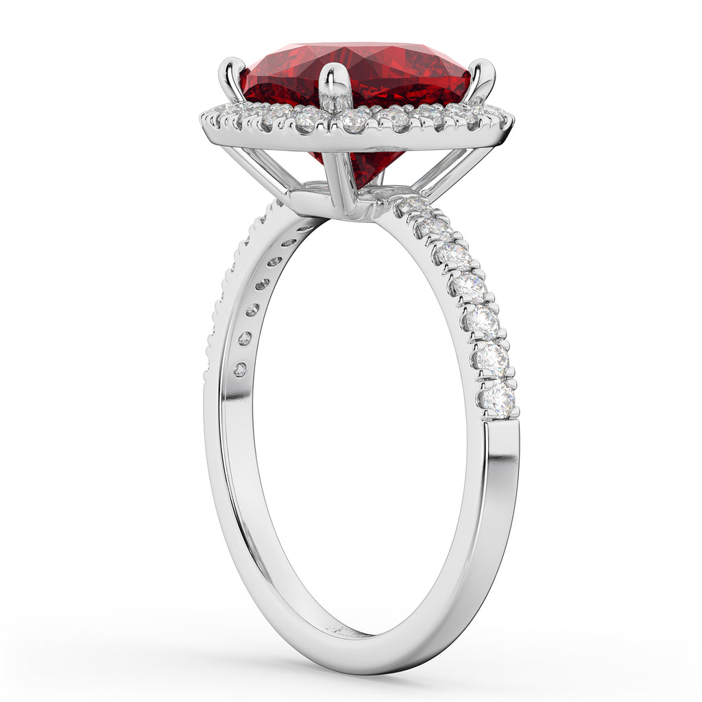 Cushion Cut Halo Ruby & Diamond Engagement Ring 14k White Gold (3.11ct)