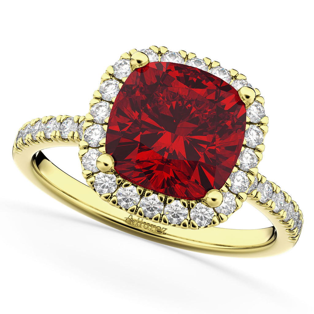 Cushion Cut Halo Ruby & Diamond Engagement Ring 14k Yellow Gold (3.11ct)