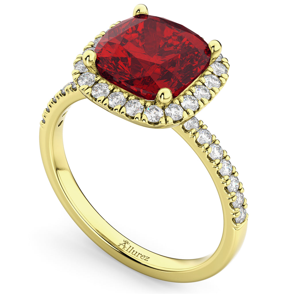 Cushion Cut Halo Ruby & Diamond Engagement Ring 14k Yellow Gold (3.11ct)