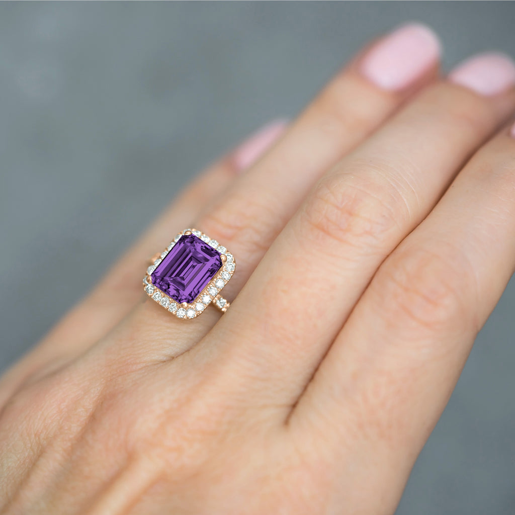Lab Amethyst & Diamond Engagement Ring 14k Rose Gold (3.32ct)