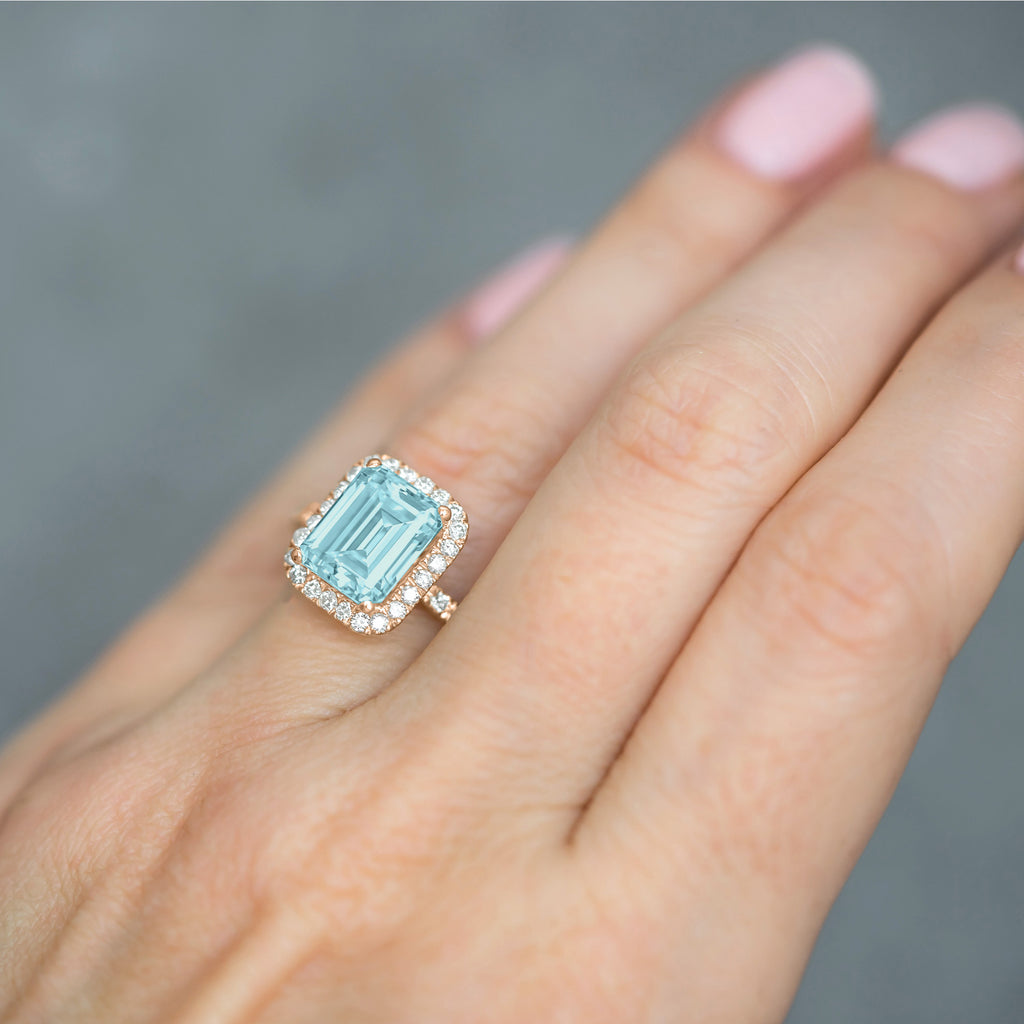 Lab Aquamarine & Lab Diamond Engagement Ring 14k Rose Gold (3.32ct)