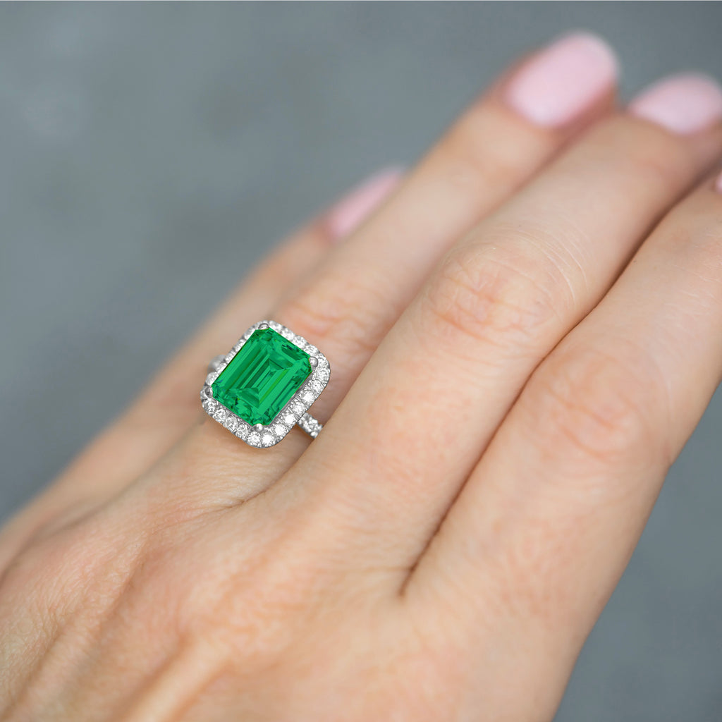 Lab Emerald & Lab Diamond Engagement Ring 14k White Gold (3.32ct)