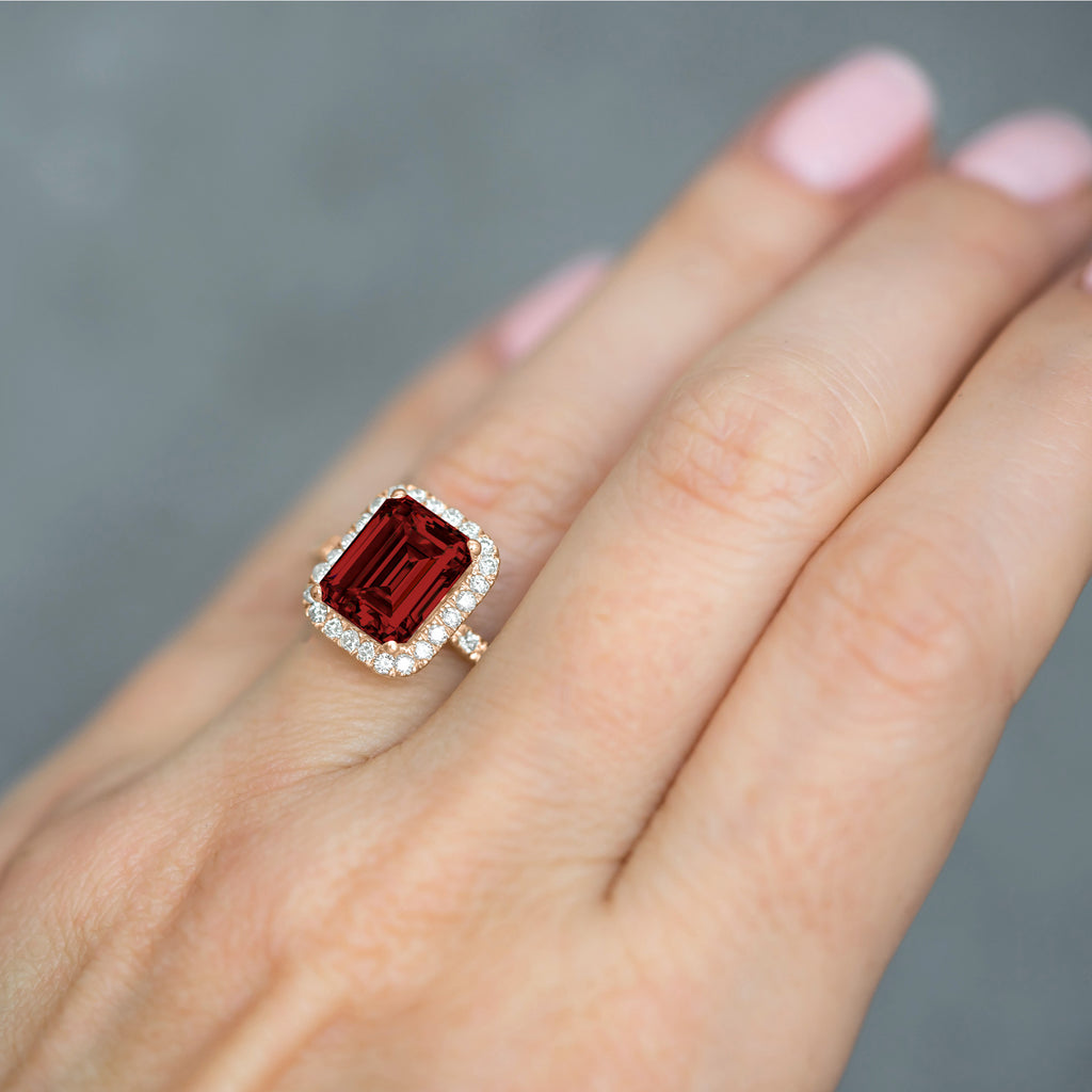 Emerald-Cut Lab Garnet & Diamond Engagement Ring 14k Rose Gold (3.32ct)