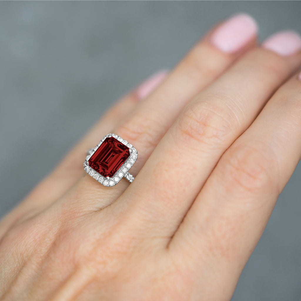 Emerald-Cut Lab Garnet & Diamond Engagement Ring 14k White Gold (3.32ct)