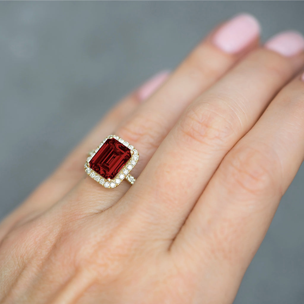 Emerald-Cut Lab Garnet & Diamond Engagement Ring 14k Yellow Gold (3.32ct)