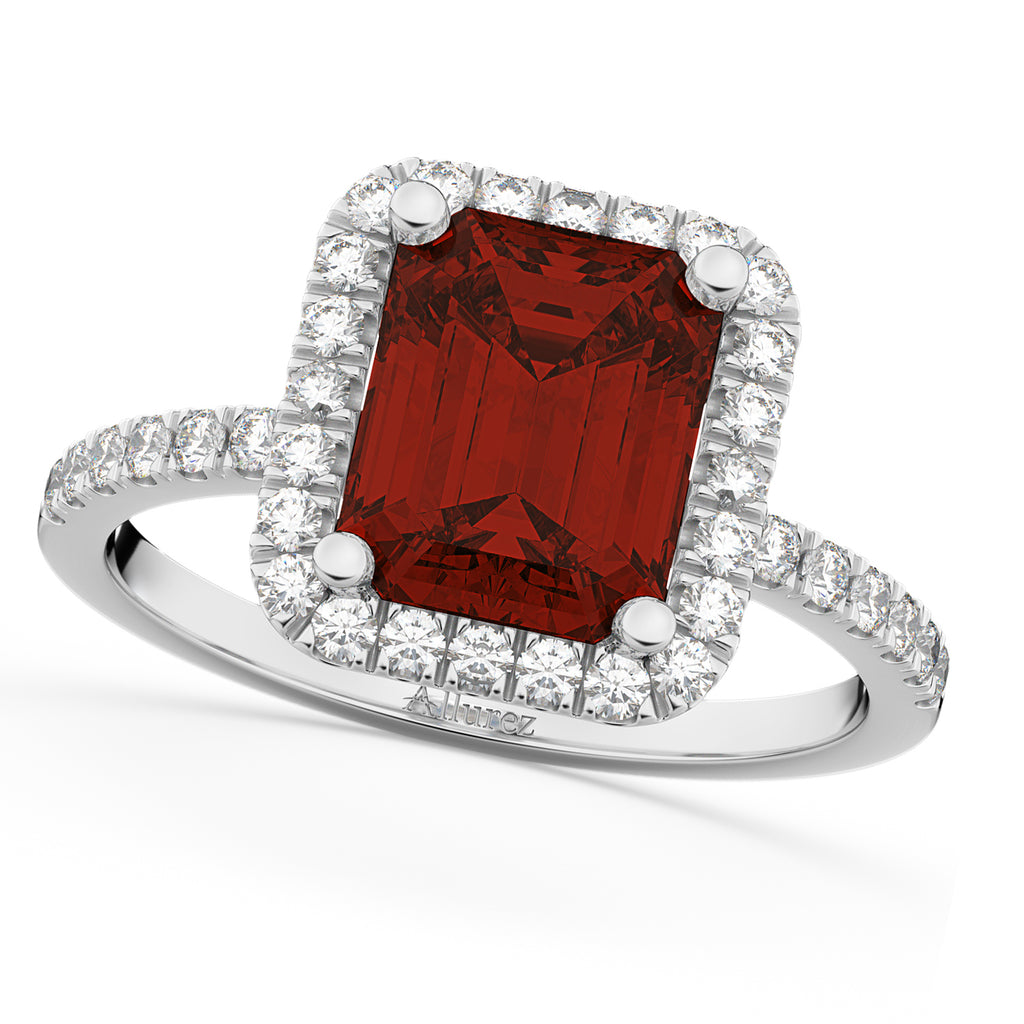 Emerald-Cut Lab Garnet & Diamond Engagement Ring 18k White Gold (3.32ct)