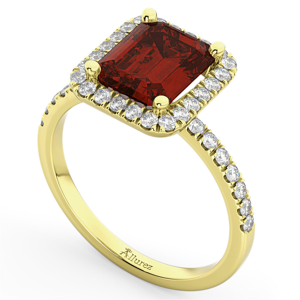Emerald-Cut Lab Garnet & Diamond Engagement Ring 18k Yellow Gold (3.32ct)