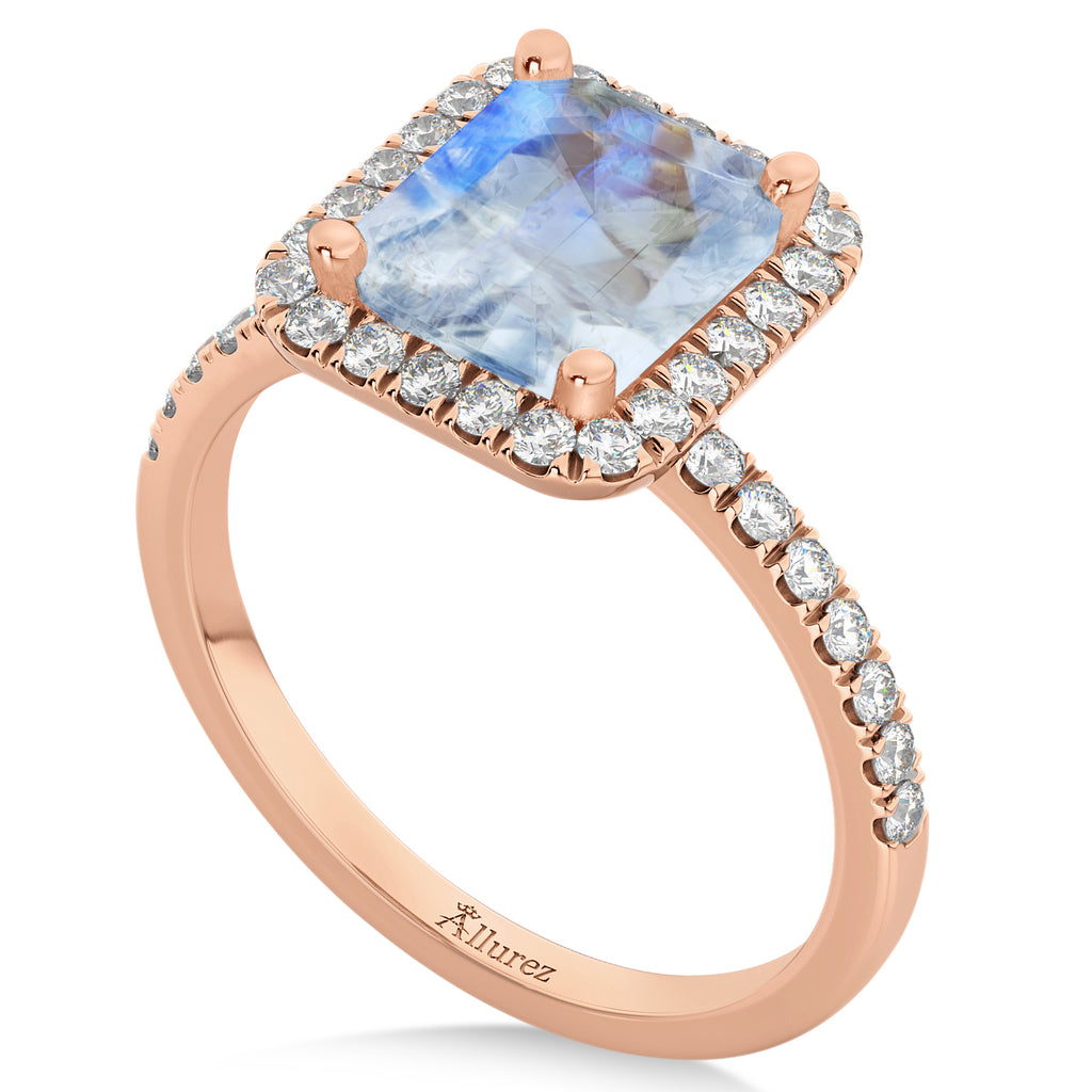 Emerald-Cut Lab Moonstone & Diamond Engagement Ring 14k Rose Gold (3.32ct)