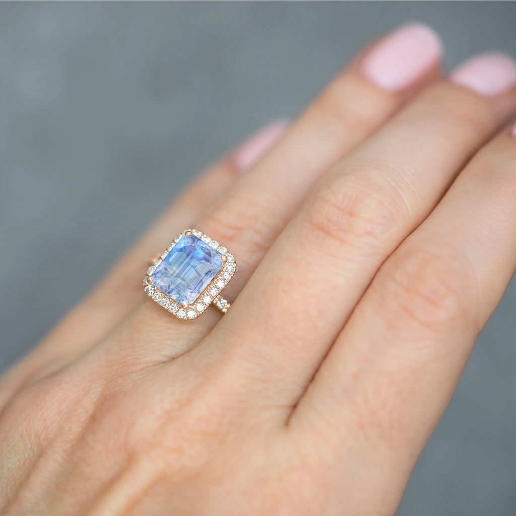Emerald-Cut Moonstone & Diamond Engagement Ring 14k Rose Gold (3.32ct)