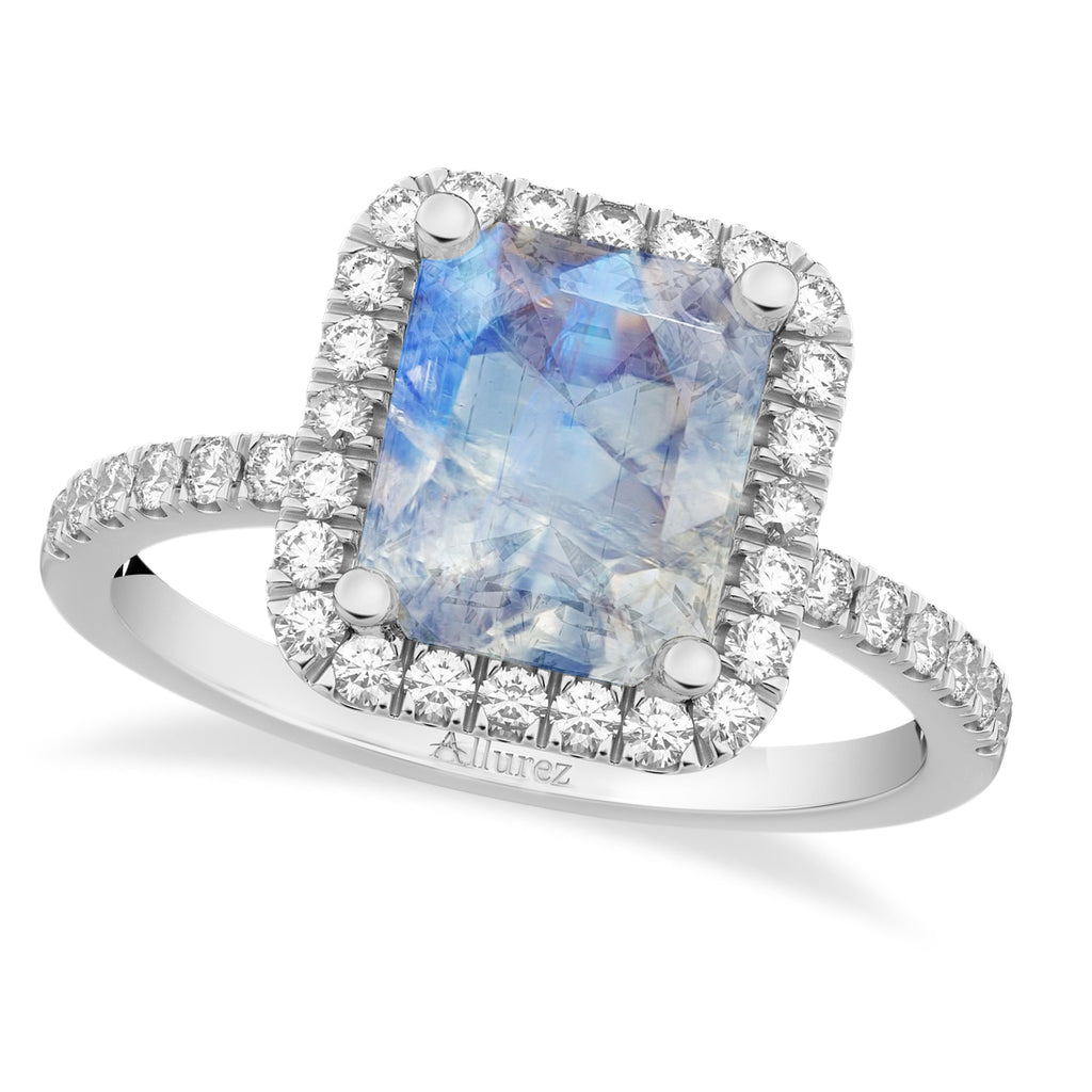Emerald-Cut Lab Moonstone & Diamond Engagement Ring 14k White Gold (3.32ct)