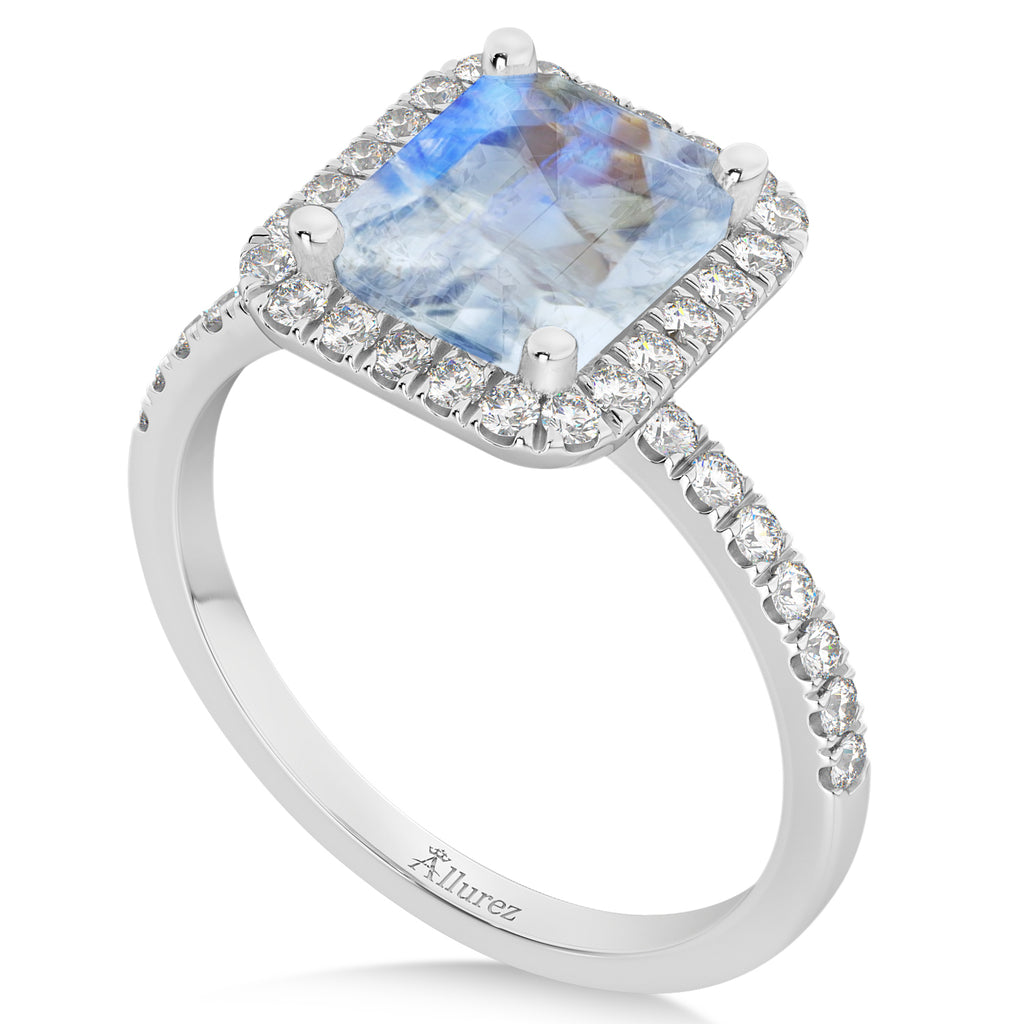 Emerald-Cut Lab Moonstone & Diamond Engagement Ring 14k White Gold (3.32ct)