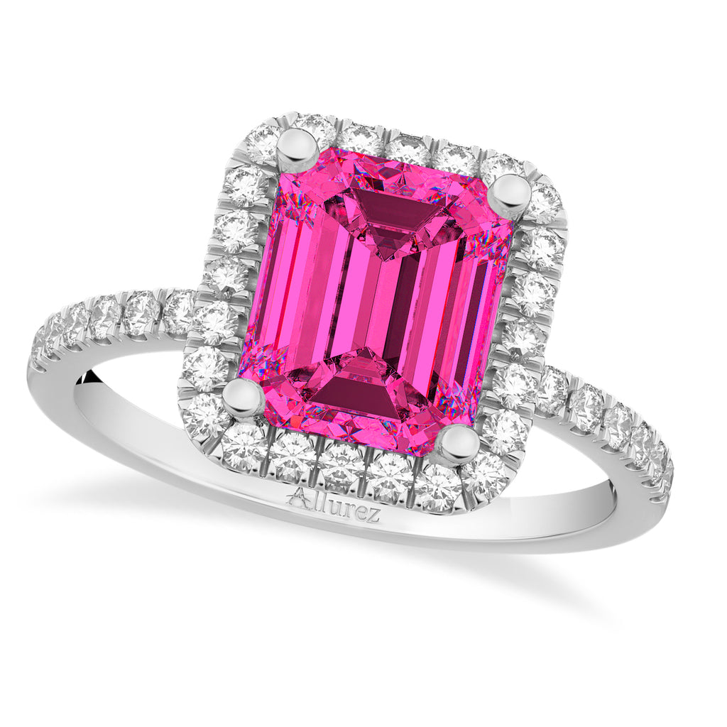 Emerald-Cut Lab Pink Tourmaline & Diamond Engagement Ring 14k White Gold (3.32ct)