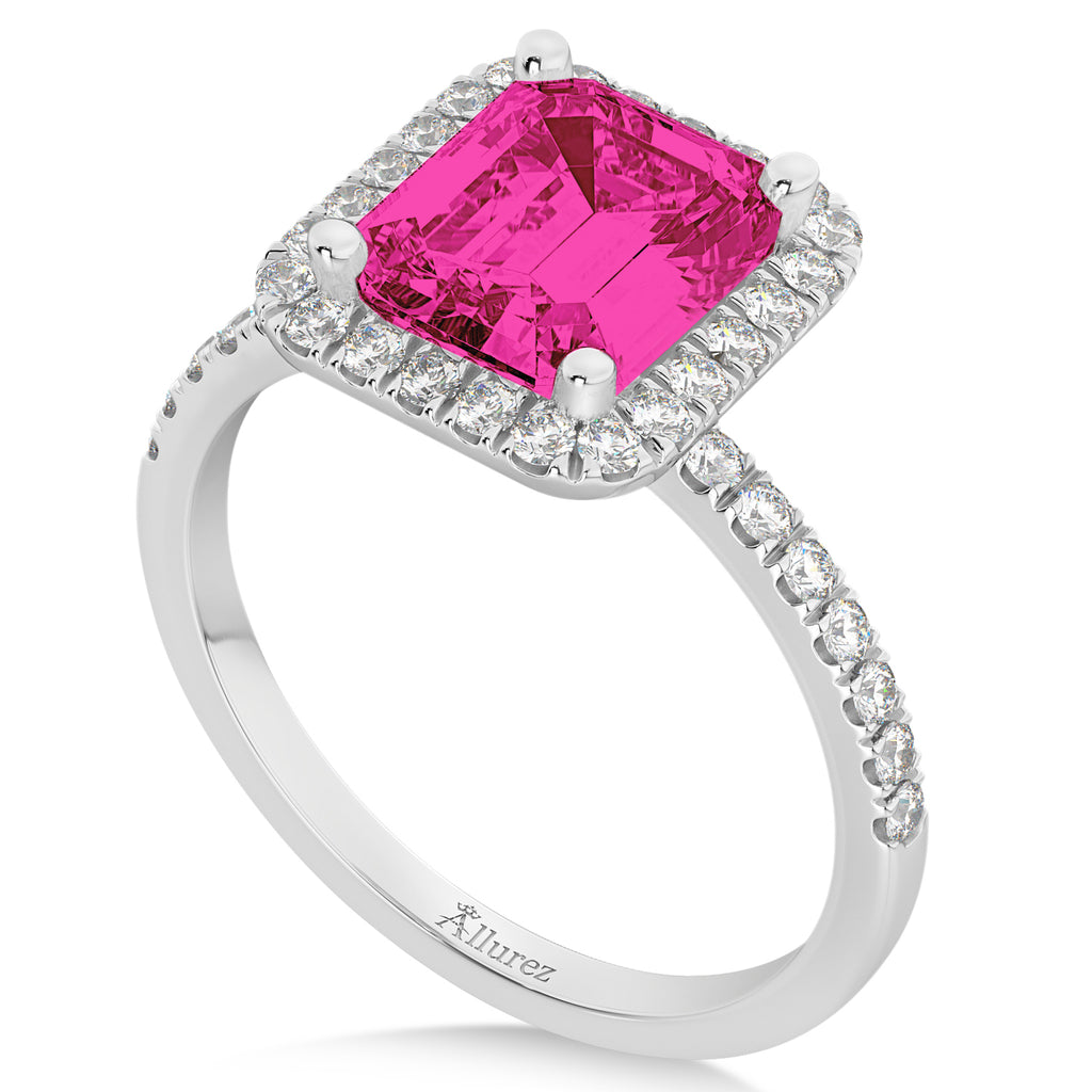 Emerald-Cut Lab Pink Tourmaline & Diamond Engagement Ring 14k White Gold (3.32ct)
