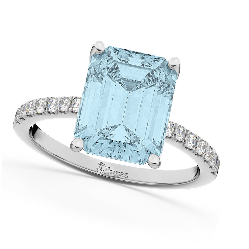 Emerald Cut Aquamarine & Diamond Engagement Ring 18k White Gold (2.96ct)