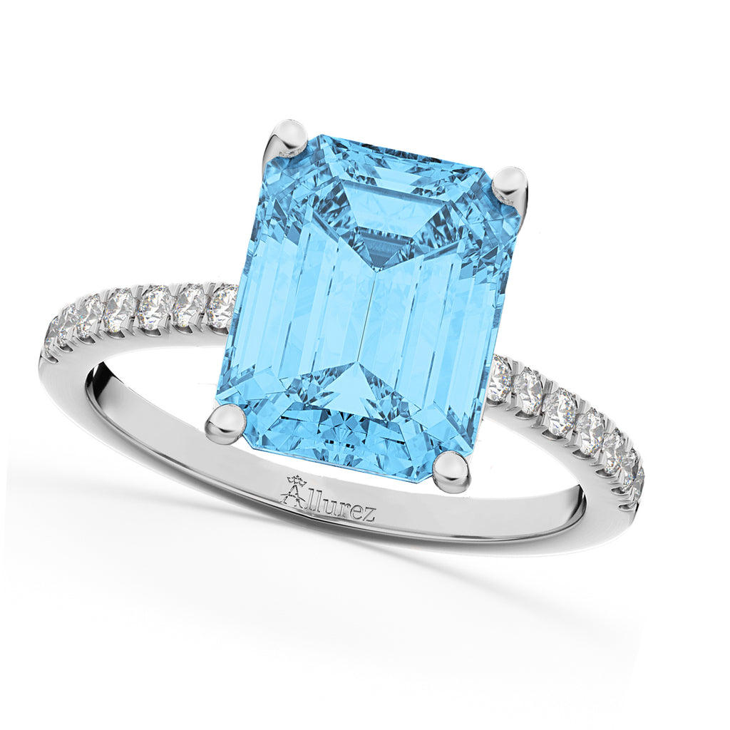 Emerald Cut Blue Topaz & Diamond Engagement Ring 18k White Gold (2.96ct)