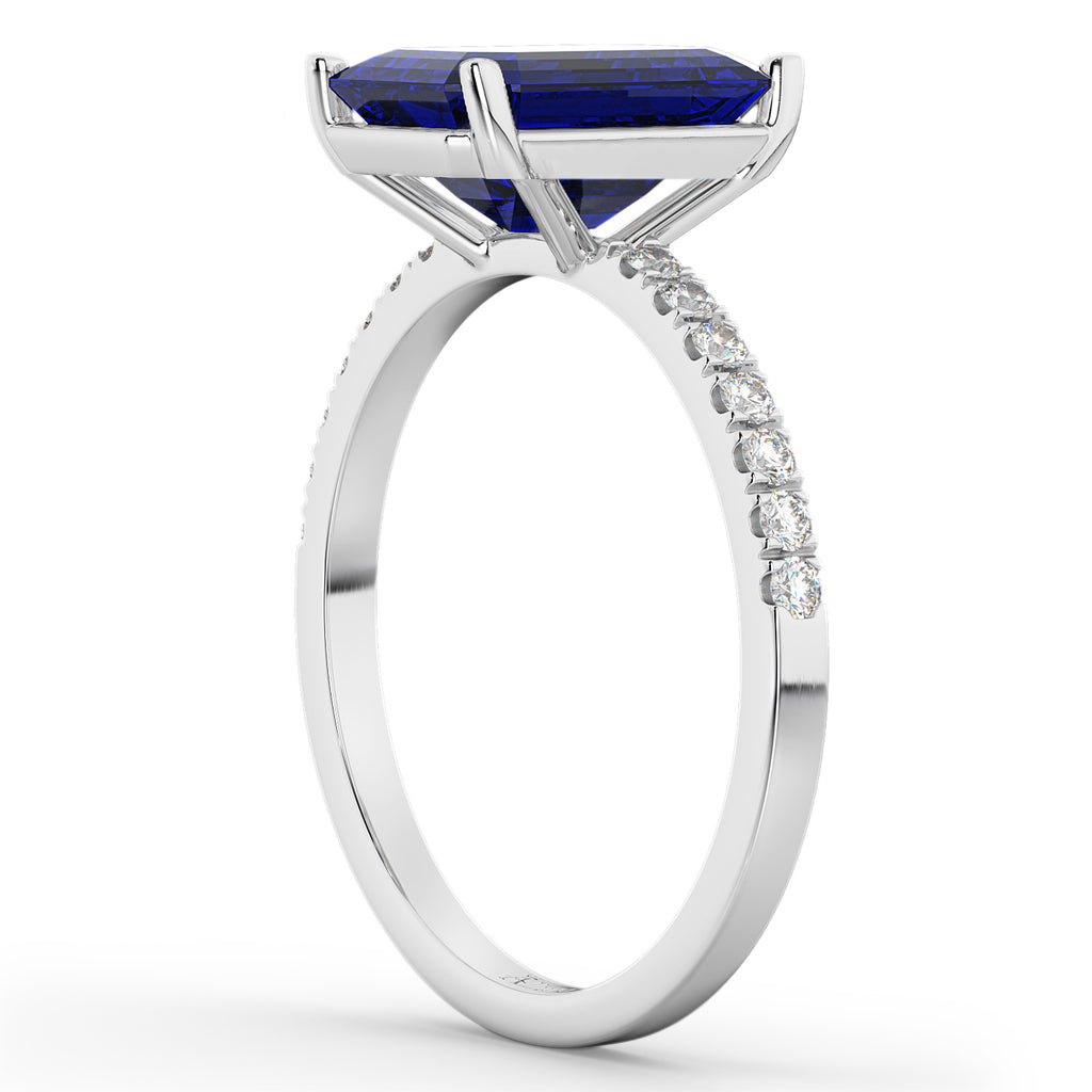 Emerald Cut Lab Blue Sapphire & Diamond Engagement Ring 14k White Gold (2.96ct)