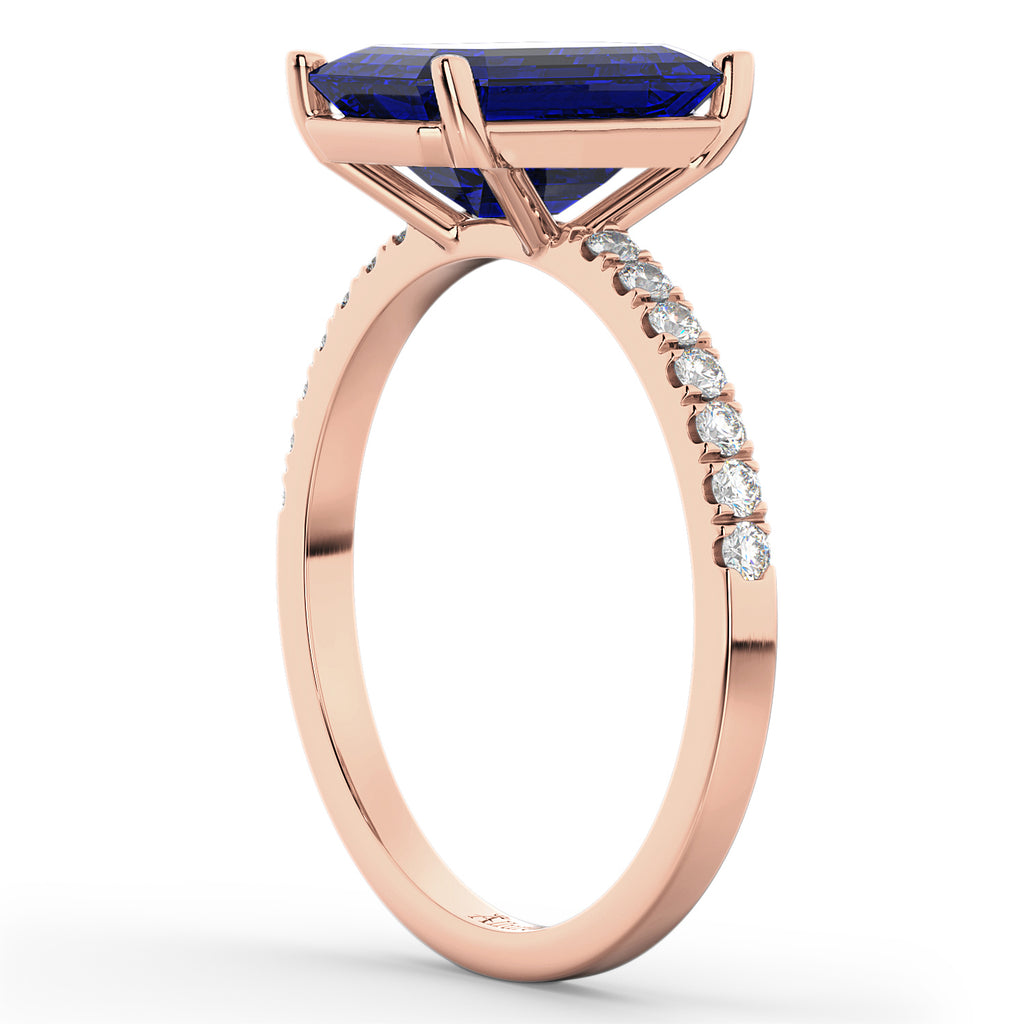Emerald Cut Lab Blue Sapphire Diamond Engagement Ring 18k Rose Gold (2.96ct)