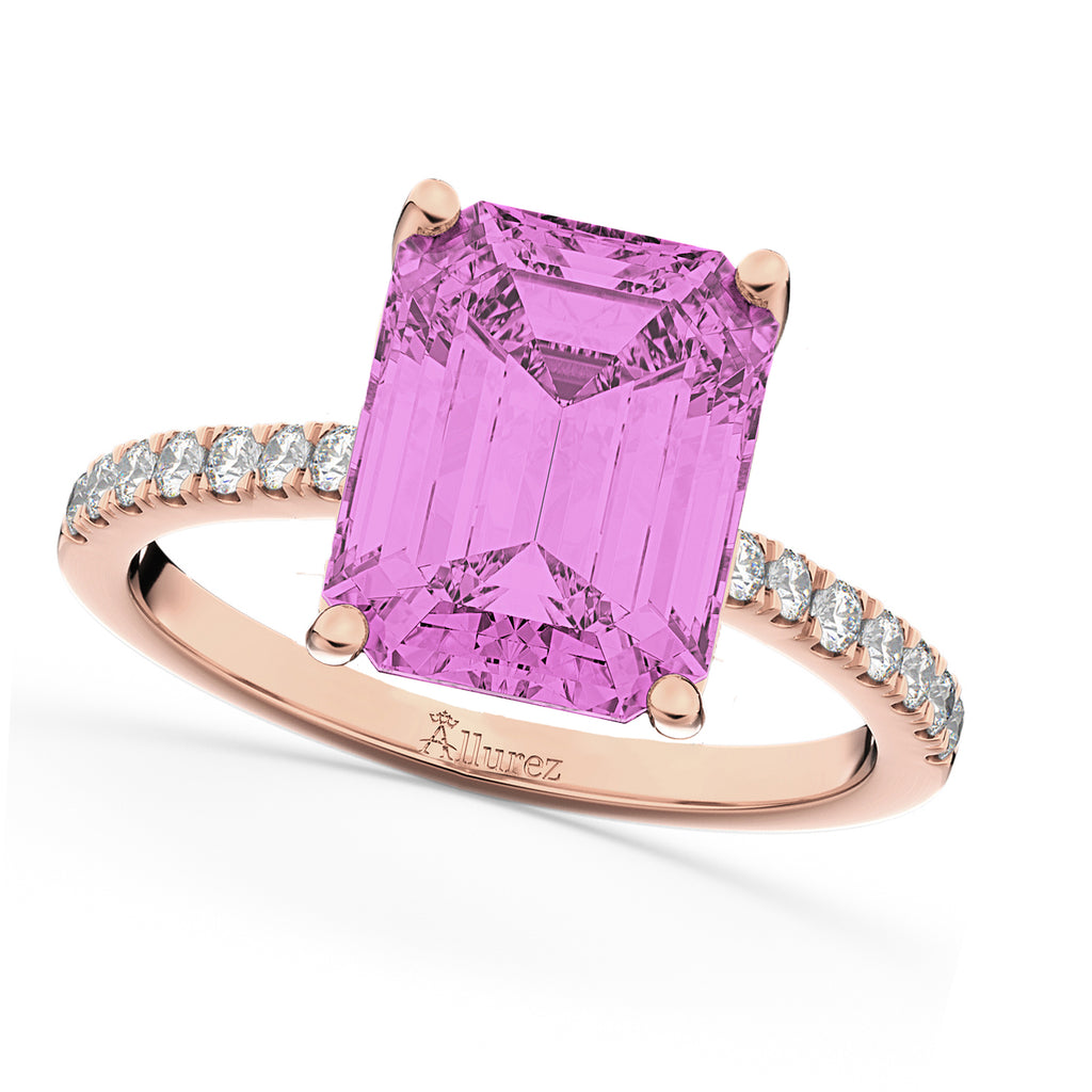 Emerald Cut Pink Sapphire Diamond Engagement Ring 18k Rose Gold (2.96ct)