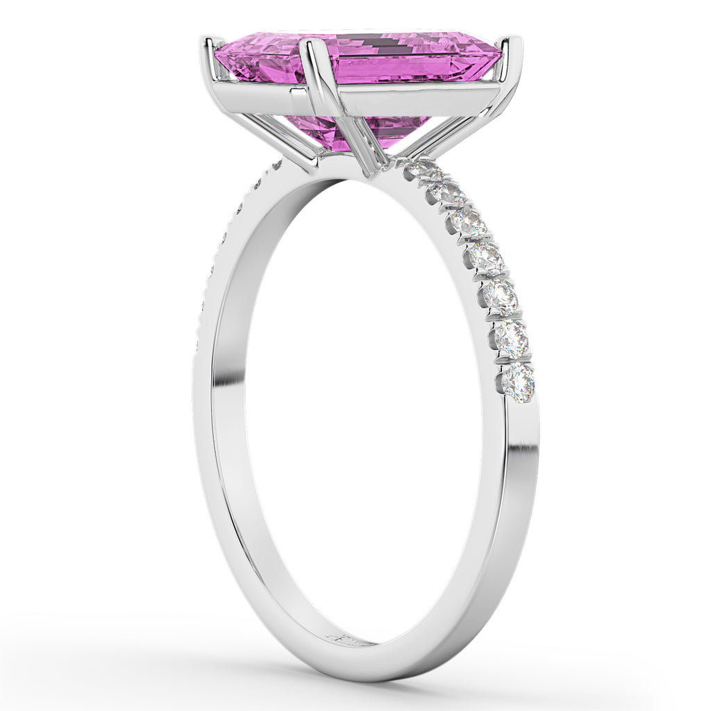 Emerald Cut Pink Sapphire & Diamond Engagement Ring 18k White Gold (2.96ct)