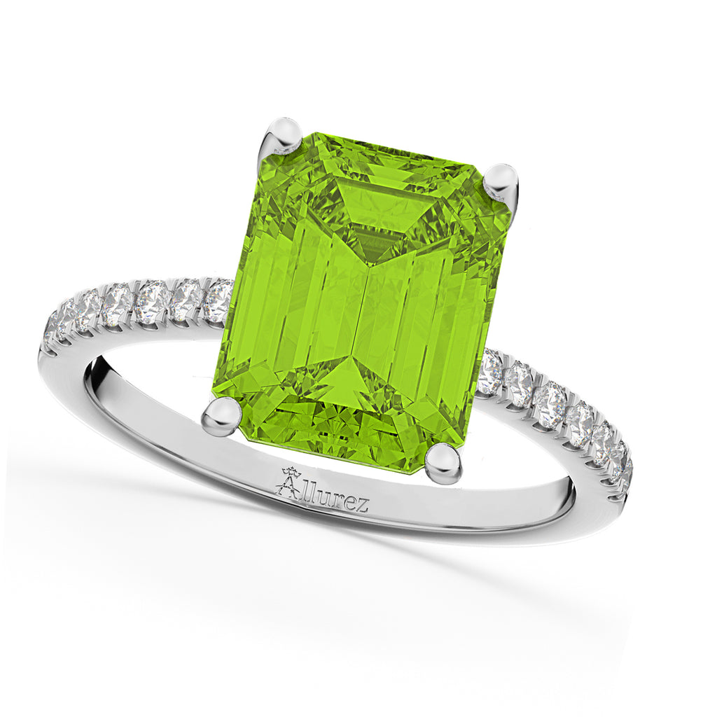 Emerald-Cut Peridot & Diamond Engagement Ring 18k White Gold (2.96ct)