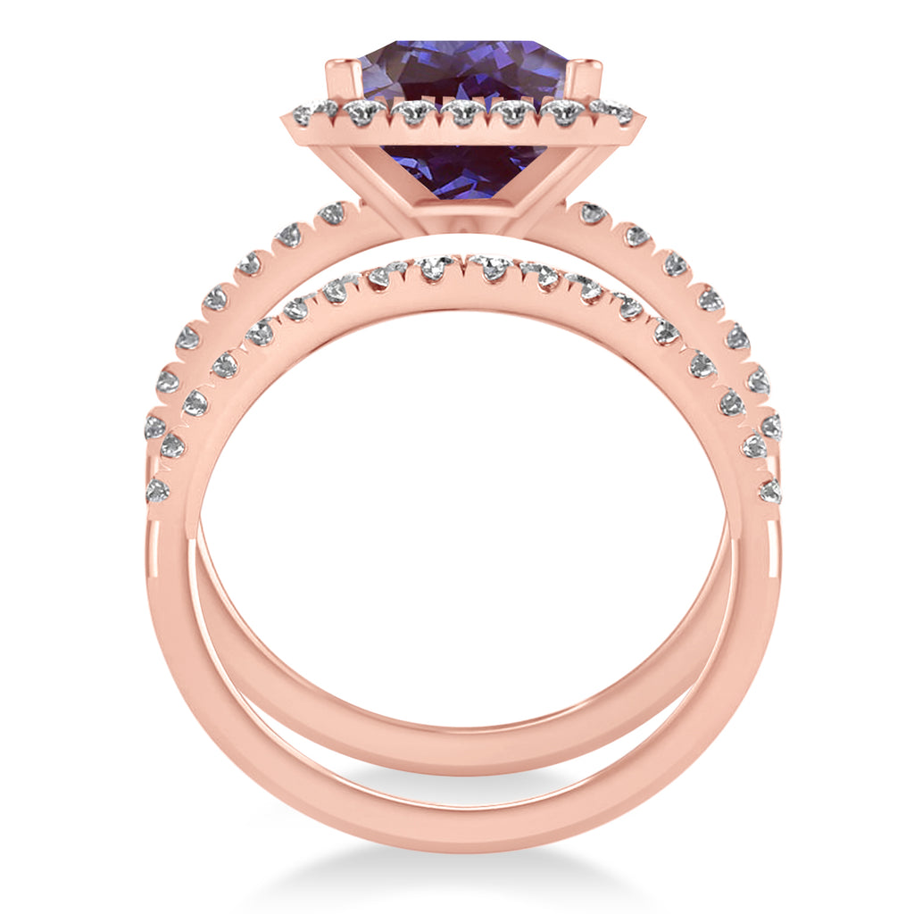 Lab Alexandrite & Diamonds Princess-Cut Halo Bridal Set 14K Rose Gold (3.74ct)