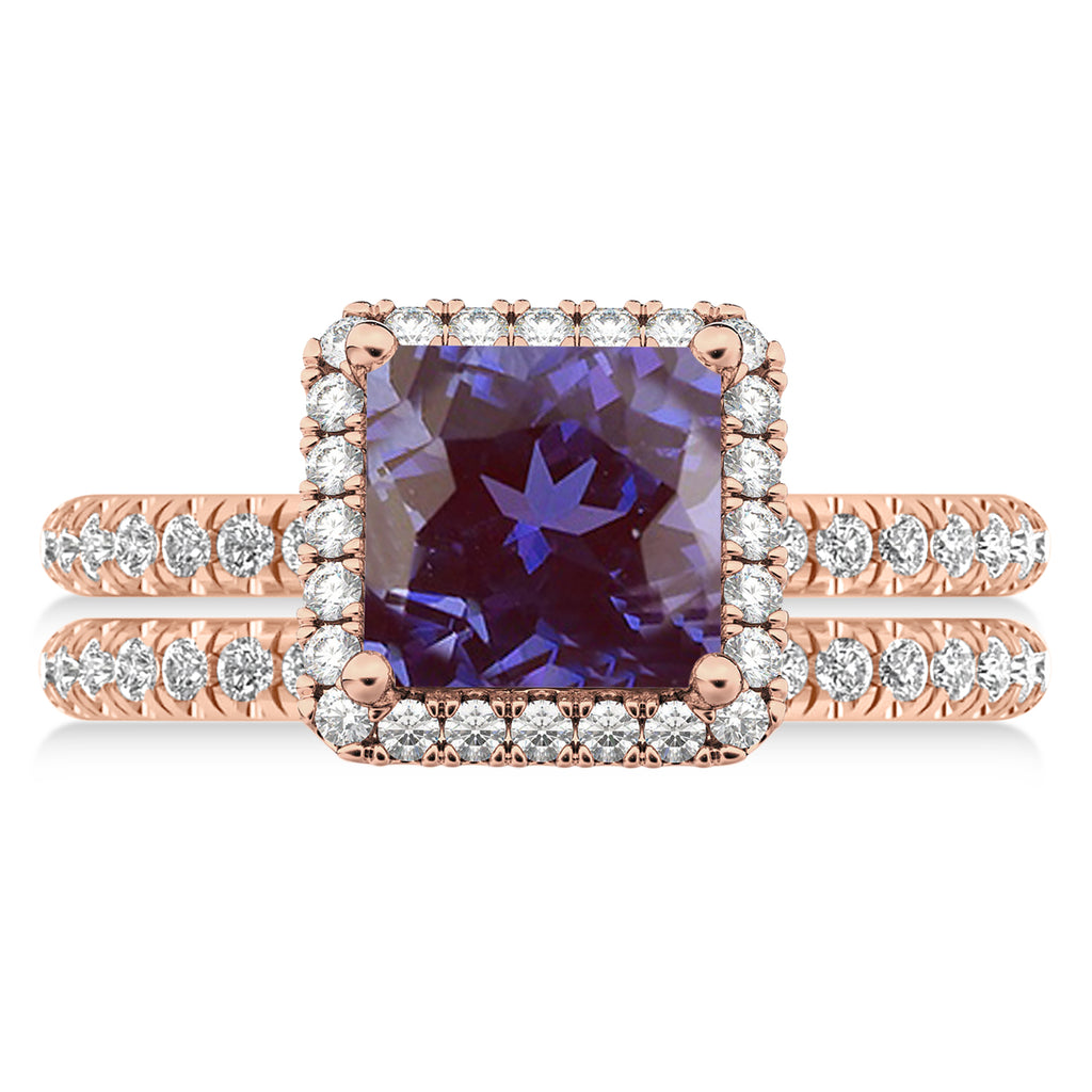 Lab Alexandrite & Diamonds Princess-Cut Halo Bridal Set 14K Rose Gold (3.74ct)