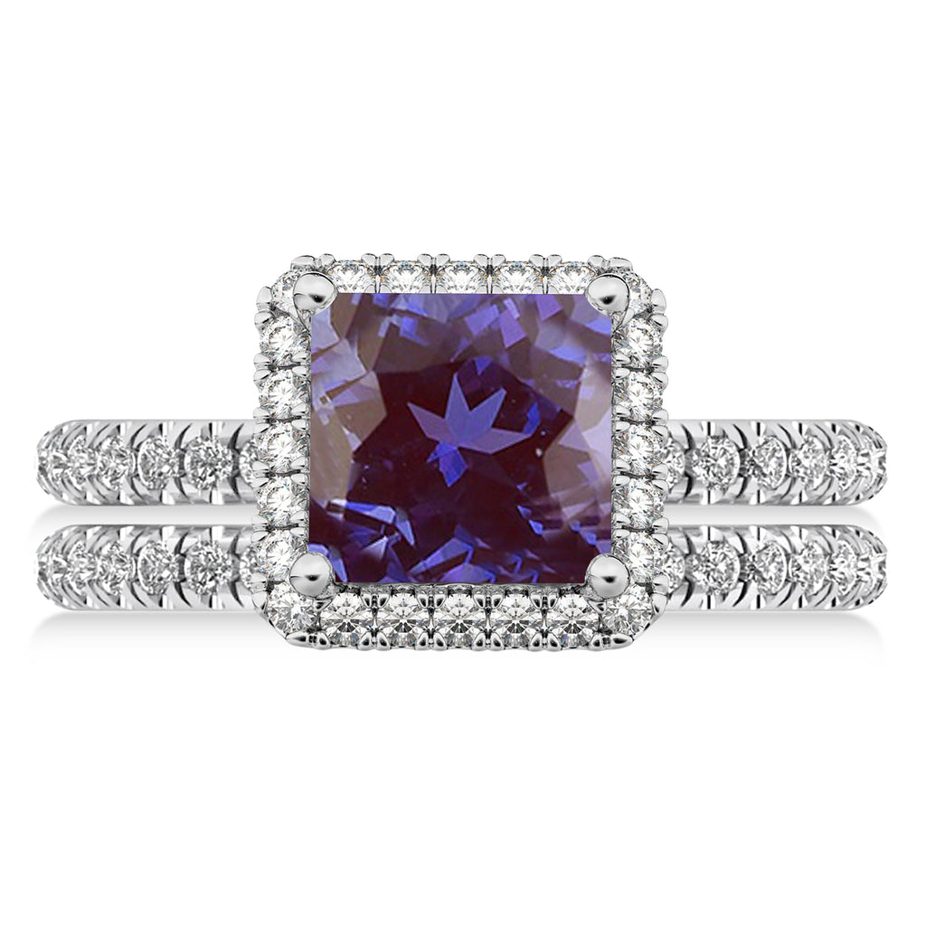 Lab Alexandrite & Diamonds Princess-Cut Halo Bridal Set 14K White Gold (3.74ct)