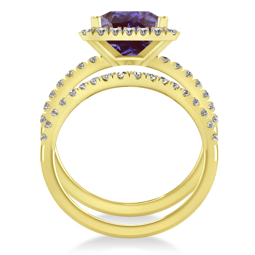 Lab Alexandrite & Diamonds Princess-Cut Halo Bridal Set 14K Yellow Gold (3.74ct)