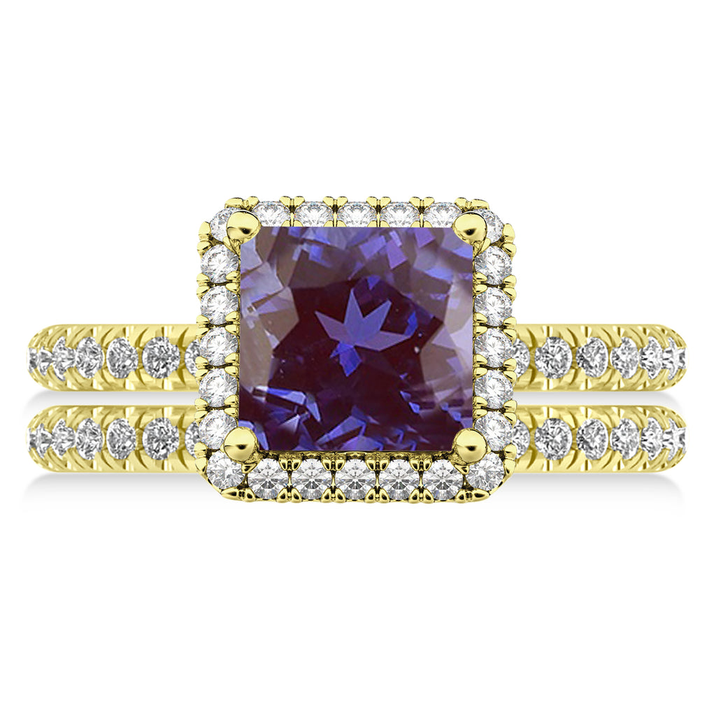 Lab Alexandrite & Diamonds Princess-Cut Halo Bridal Set 14K Yellow Gold (3.74ct)