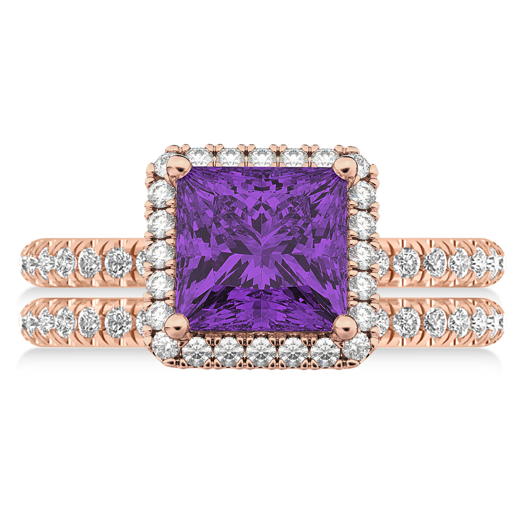 Amethyst & Diamonds Princess-Cut Halo Bridal Set 14K Rose Gold (3.74ct)