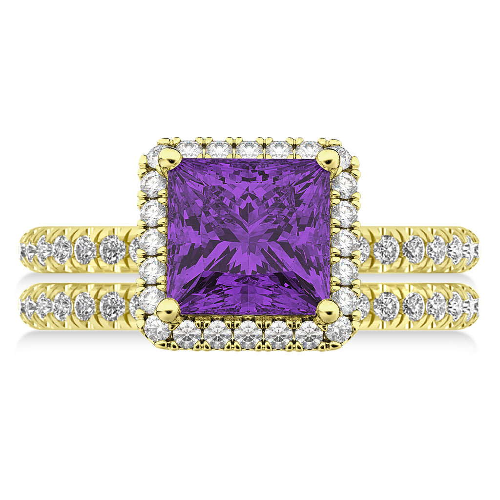 Amethyst & Diamonds Princess-Cut Halo Bridal Set 14K Yellow Gold (3.74ct)
