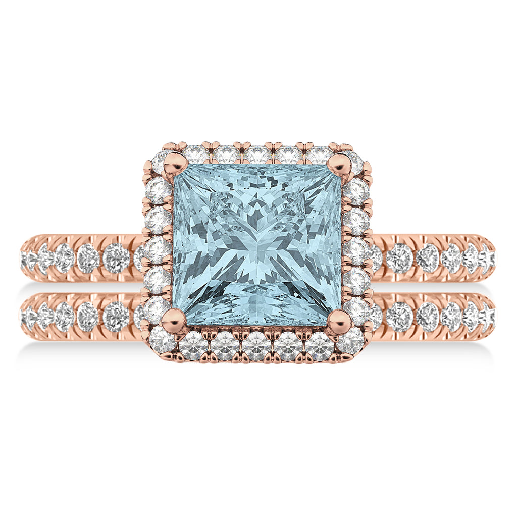 Aquamarine & Diamonds Princess-Cut Halo Bridal Set 14K Rose Gold (3.74ct)