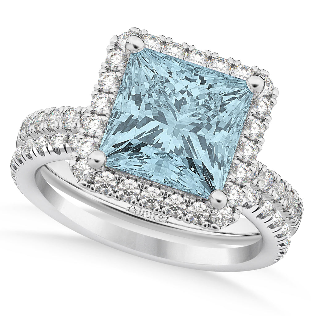 Aquamarine & Diamonds Princess-Cut Halo Bridal Set 14K White Gold (3.74ct)
