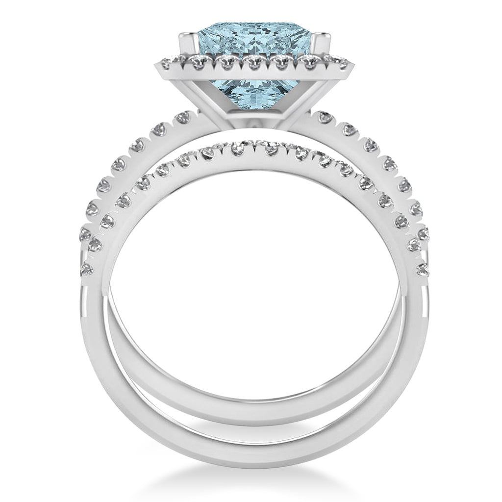 Aquamarine & Diamonds Princess-Cut Halo Bridal Set 14K White Gold (3.74ct)
