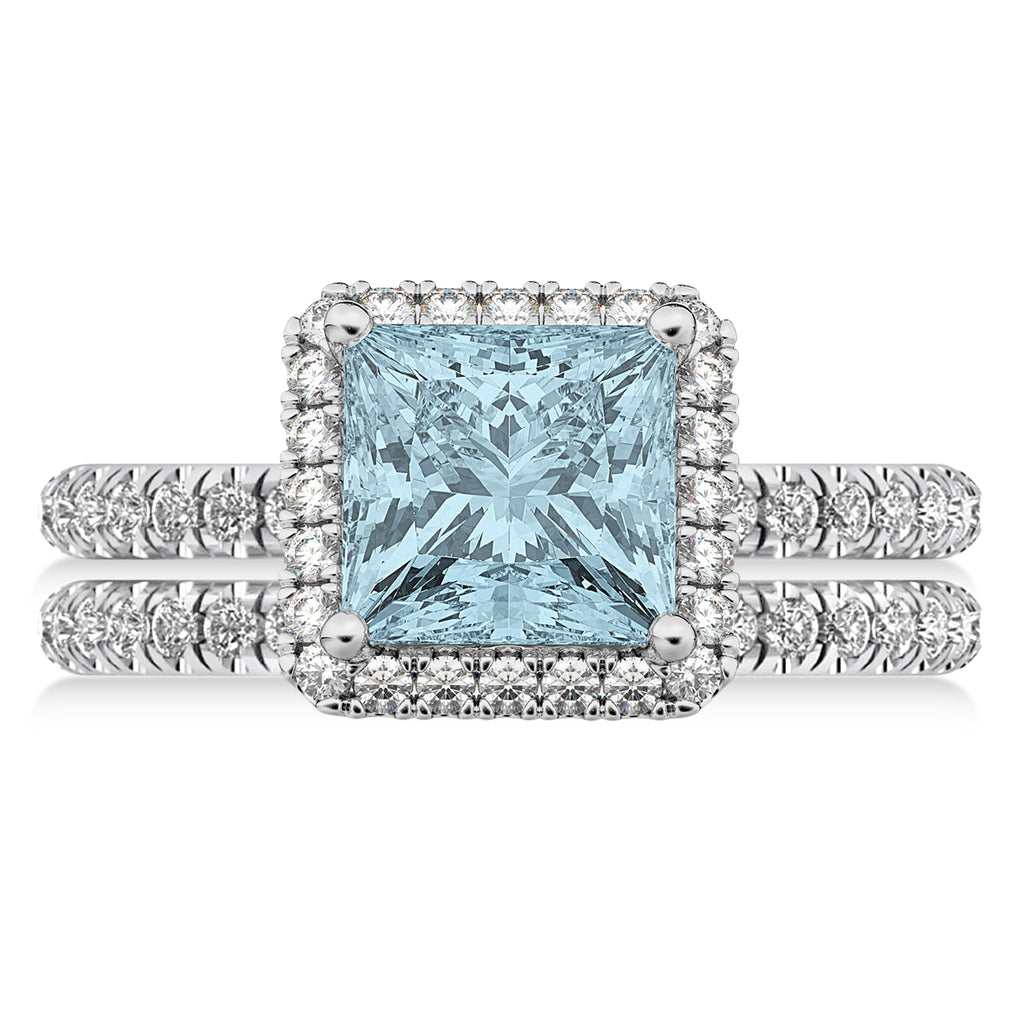 Aquamarine & Diamonds Princess-Cut Halo Bridal Set 14K White Gold (3.74ct)