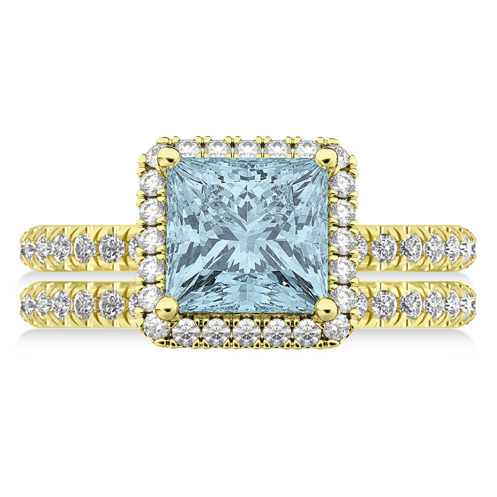 Aquamarine & Diamonds Princess-Cut Halo Bridal Set 14K Yellow Gold (3.74ct)
