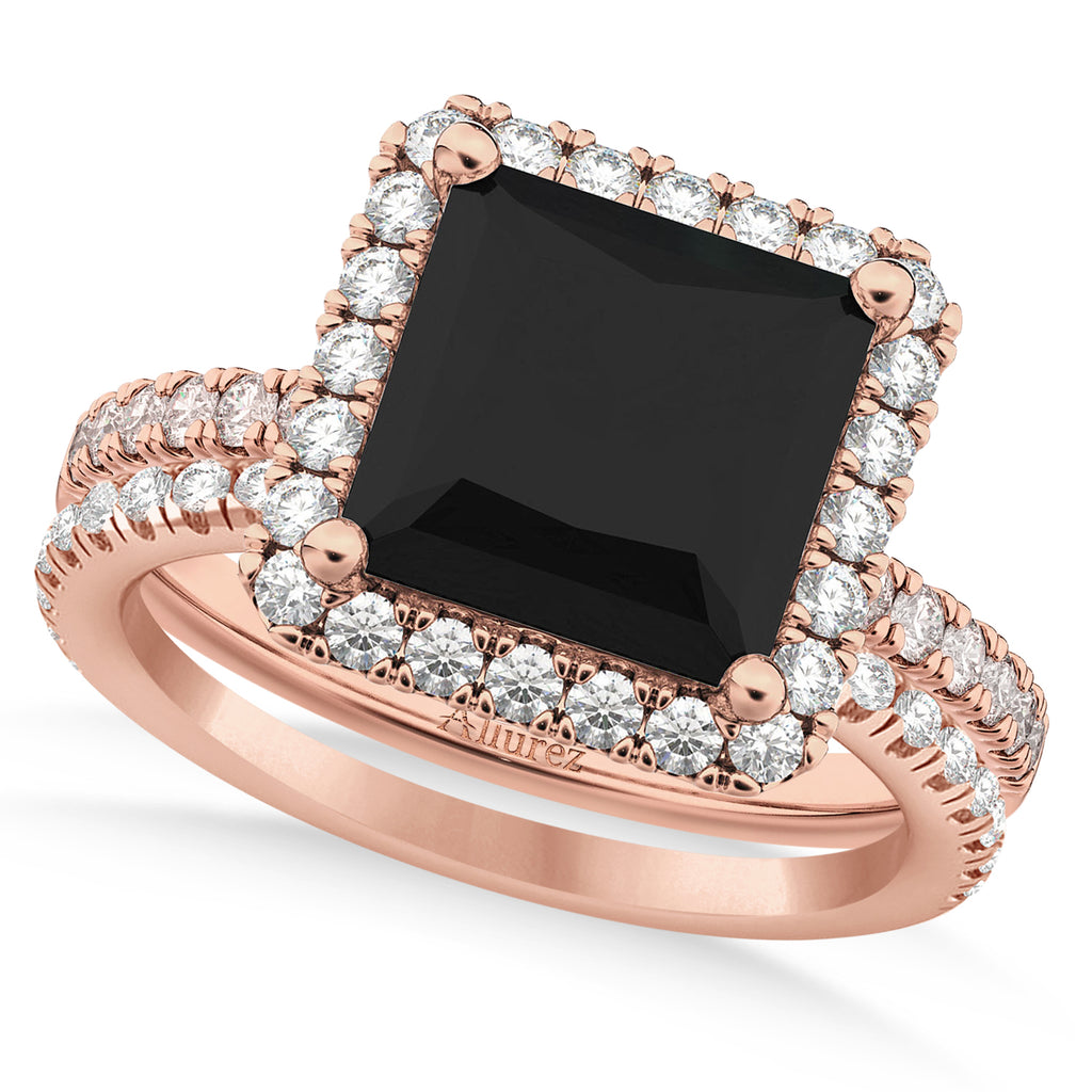 Black & White Diamonds Princess-Cut Halo Bridal Set 14K Rose Gold (3.85ct)
