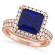 Blue Sapphire & Diamonds Princess-Cut Halo Bridal Set 14K Rose Gold (3.74ct)