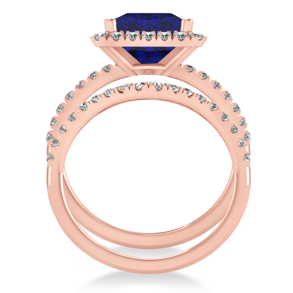 Blue Sapphire & Diamonds Princess-Cut Halo Bridal Set 14K Rose Gold (3.74ct)