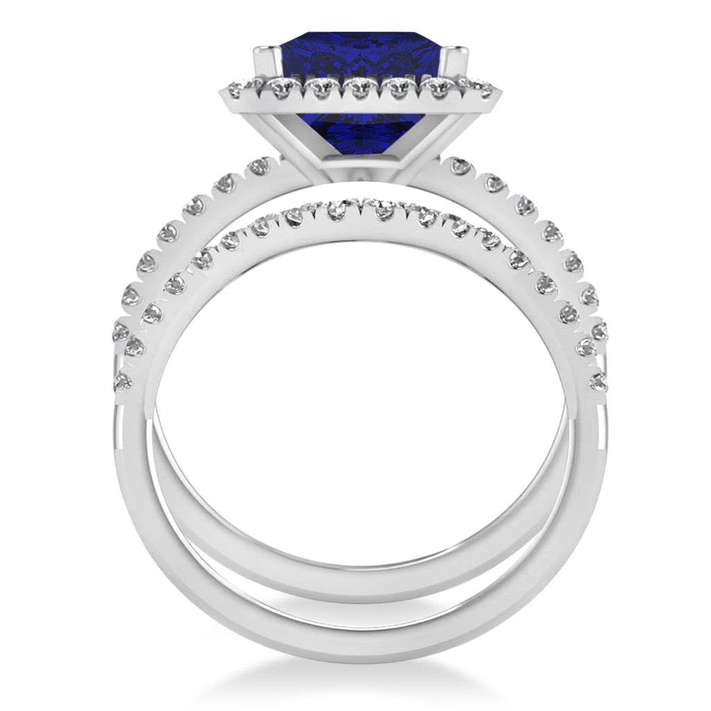 Blue Sapphire & Diamonds Princess-Cut Halo Bridal Set 14K White Gold (3.74ct)