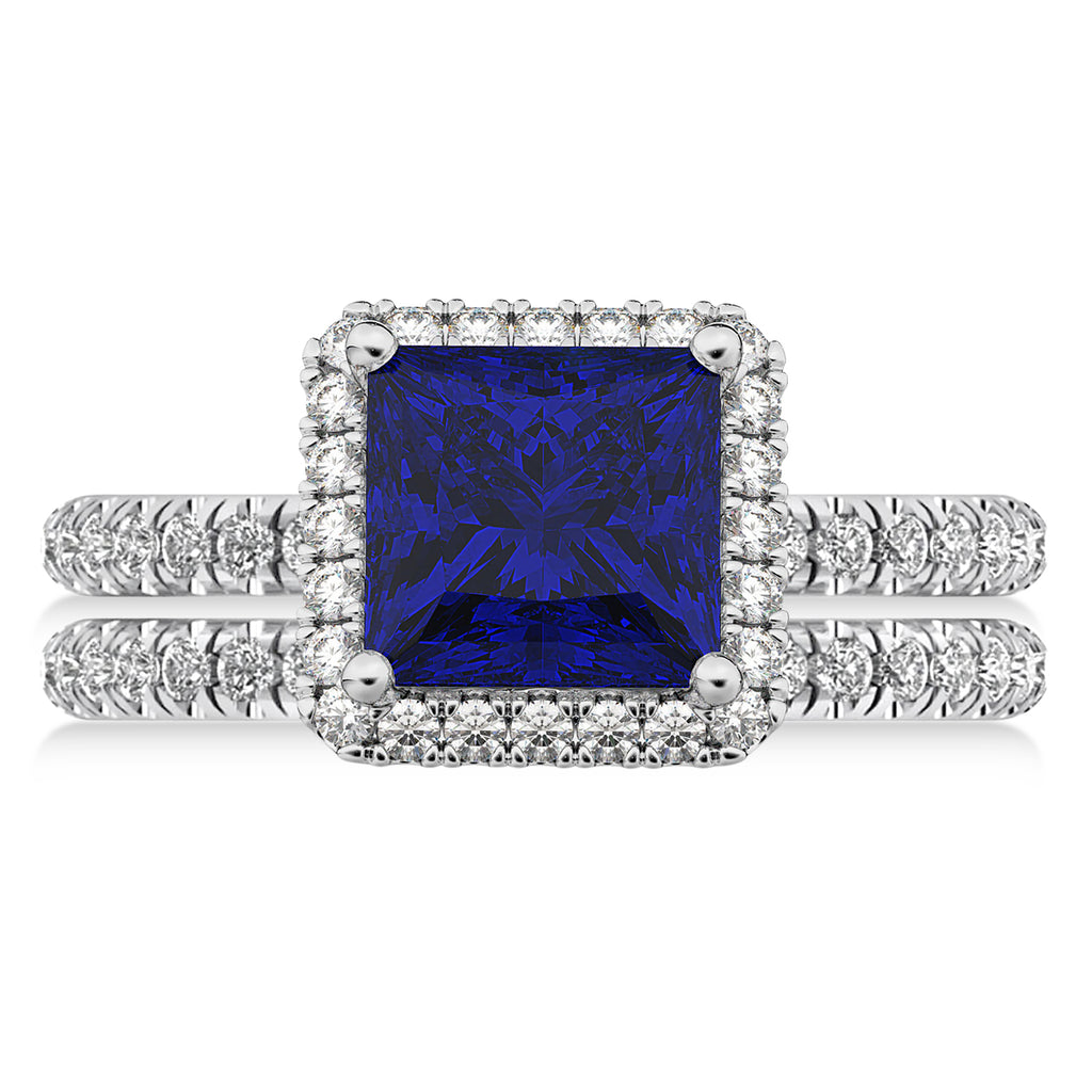 Blue Sapphire & Diamonds Princess-Cut Halo Bridal Set 14K White Gold (3.74ct)