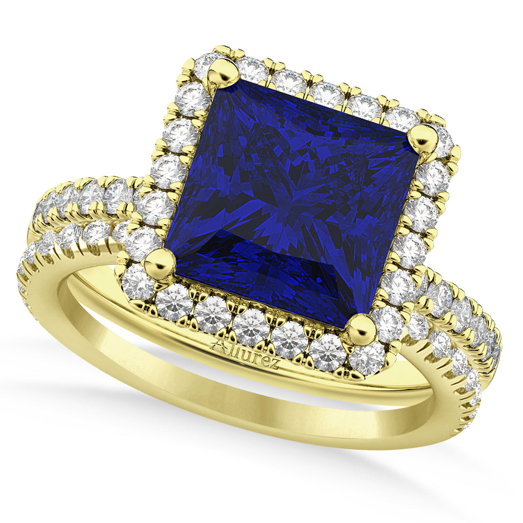 Blue Sapphire & Diamonds Princess-Cut Halo Bridal Set 14K Yellow Gold (3.74ct)