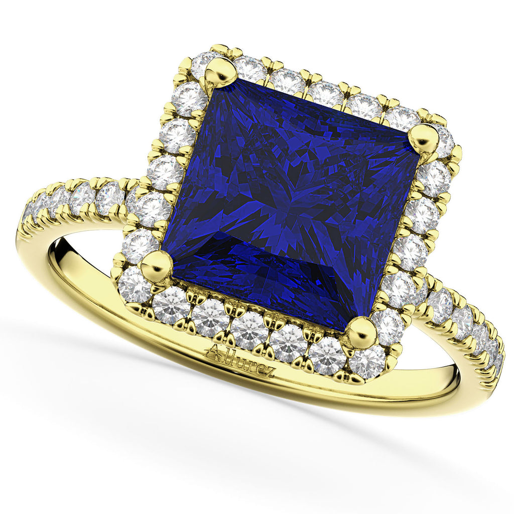 Blue Sapphire & Diamonds Princess-Cut Halo Bridal Set 14K Yellow Gold (3.74ct)