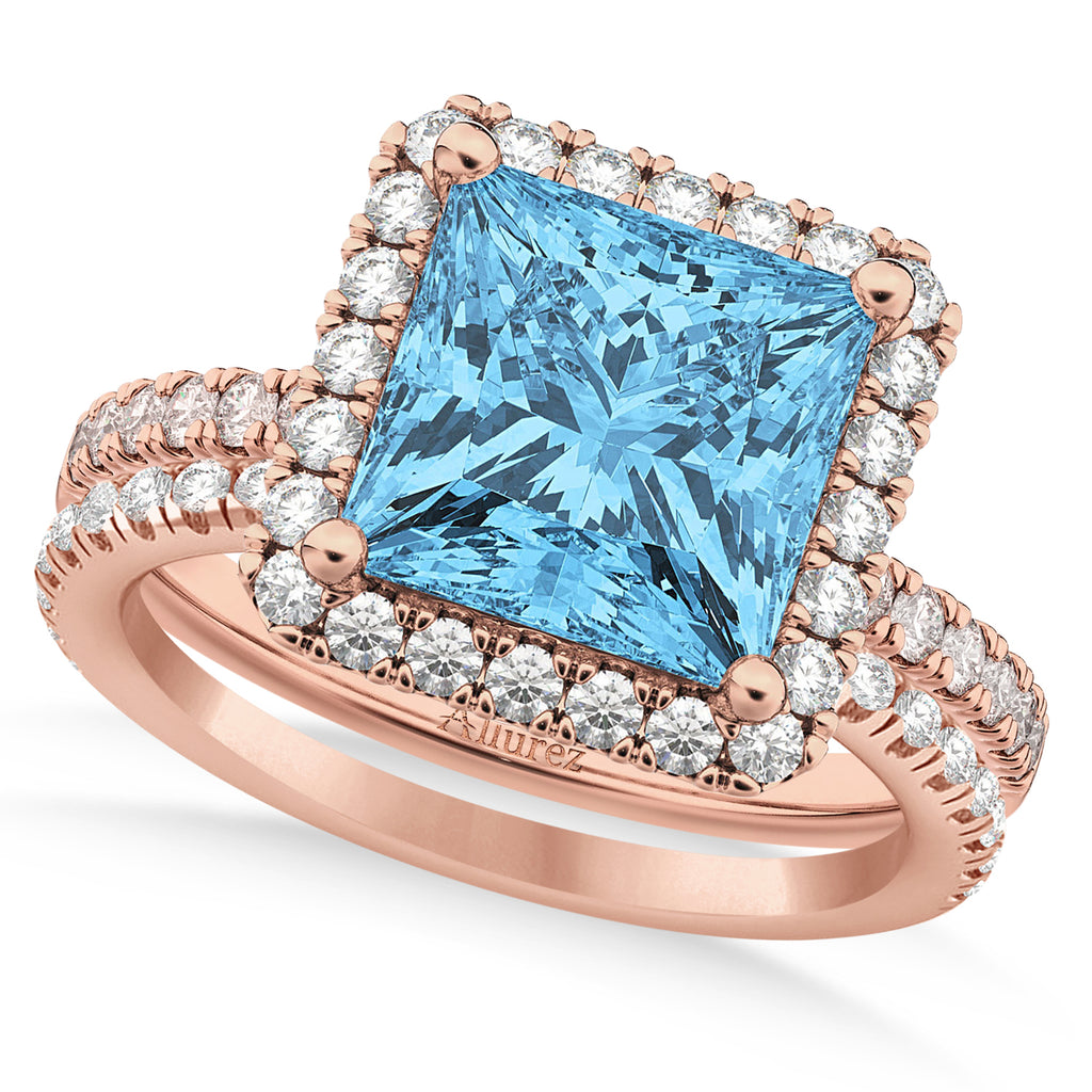 Blue Topaz & Diamonds Princess-Cut Halo Bridal Set 14K Rose Gold (3.74ct)