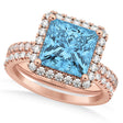 Blue Topaz & Diamonds Princess-Cut Halo Bridal Set 14K Rose Gold (3.74ct)