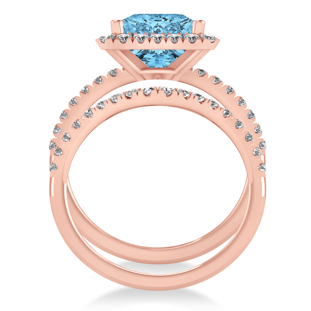Blue Topaz & Diamonds Princess-Cut Halo Bridal Set 14K Rose Gold (3.74ct)