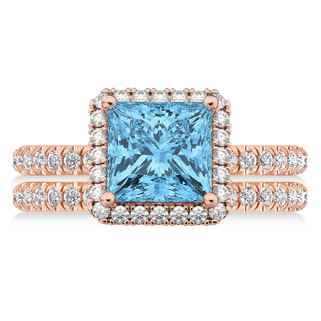 Blue Topaz & Diamonds Princess-Cut Halo Bridal Set 14K Rose Gold (3.74ct)