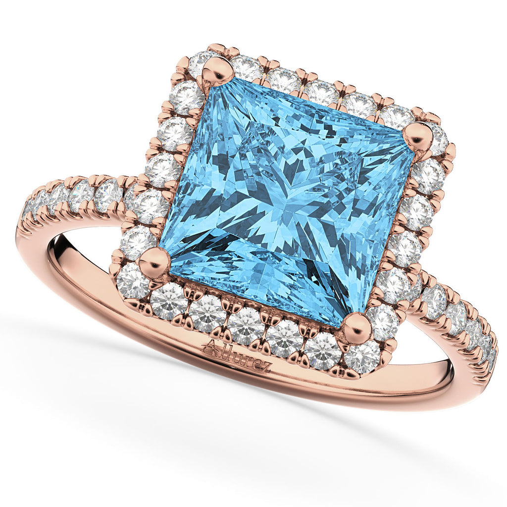 Blue Topaz & Diamonds Princess-Cut Halo Bridal Set 14K Rose Gold (3.74ct)