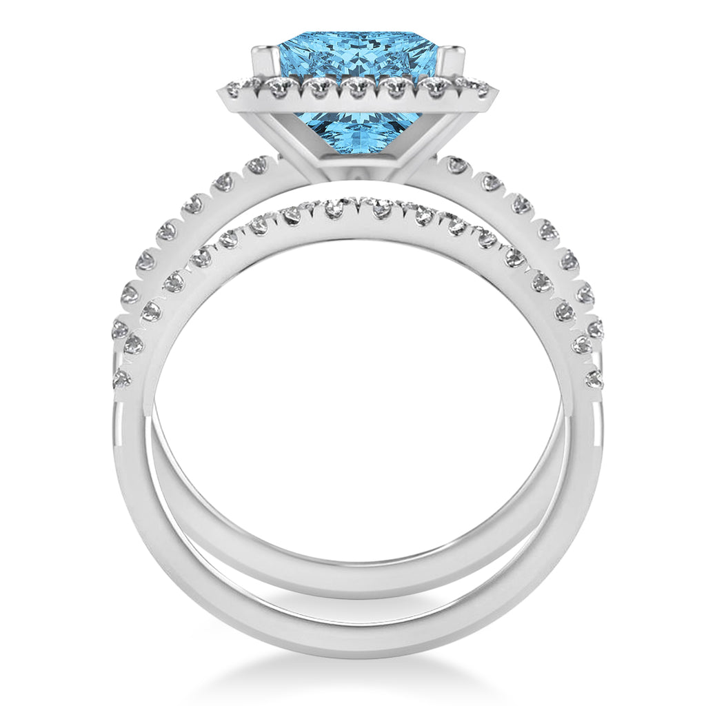 Blue Topaz & Diamonds Princess-Cut Halo Bridal Set 14K White Gold (3.74ct)