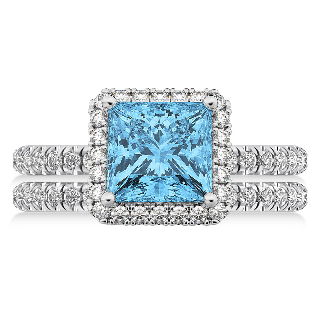 Blue Topaz & Diamonds Princess-Cut Halo Bridal Set 14K White Gold (3.74ct)